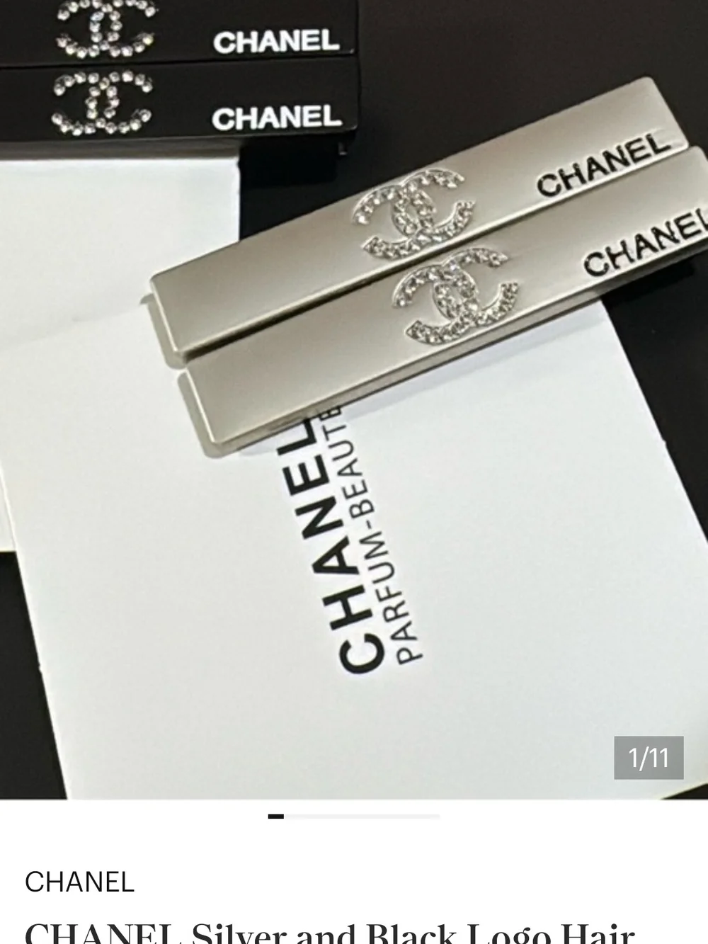 LIVE CHANEL Rhinestone CC Logo Hair Clip Vintage Black Chanel Dust Jewelry Bag